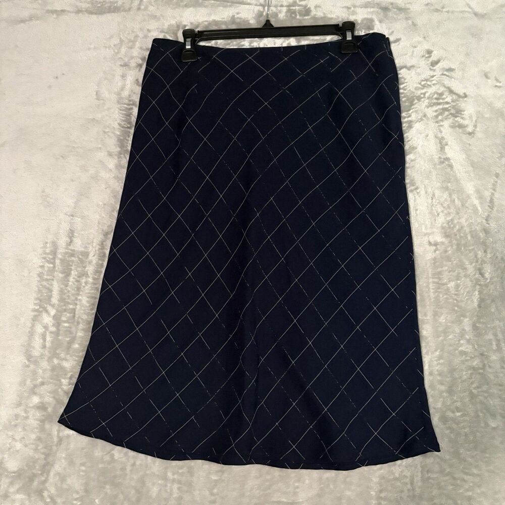 Michele Navy Blue Grid Pattern Midi Skirt Plaid Lined Sz 12 Academia Preppy Chic